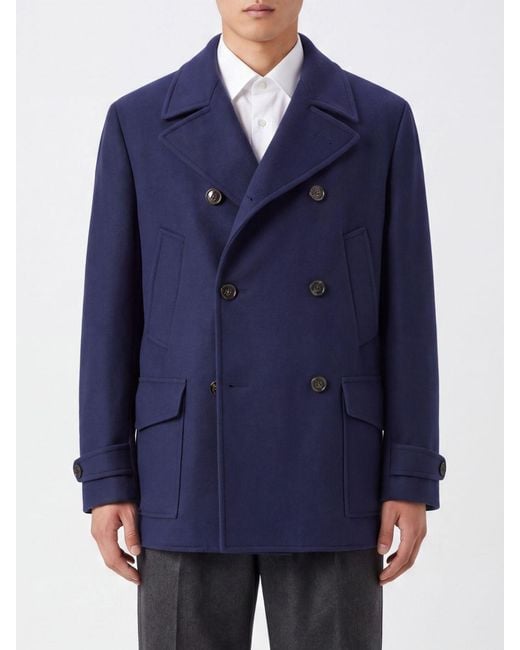Brunello Cucinelli Blue Double-Breasted Caban Coat for men