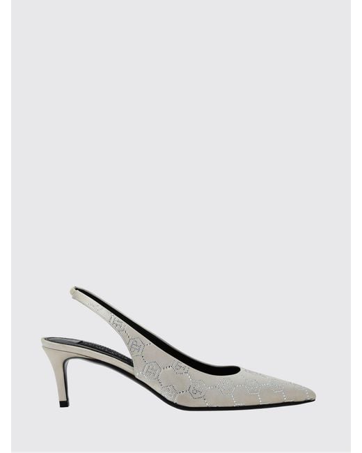 Philipp Plein White Satin Slingback Pumps With Hexagon Logo And Mid Heel