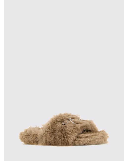 Balenciaga Natural Faux Fur Slides With Bow And Rhinestone Embellishment