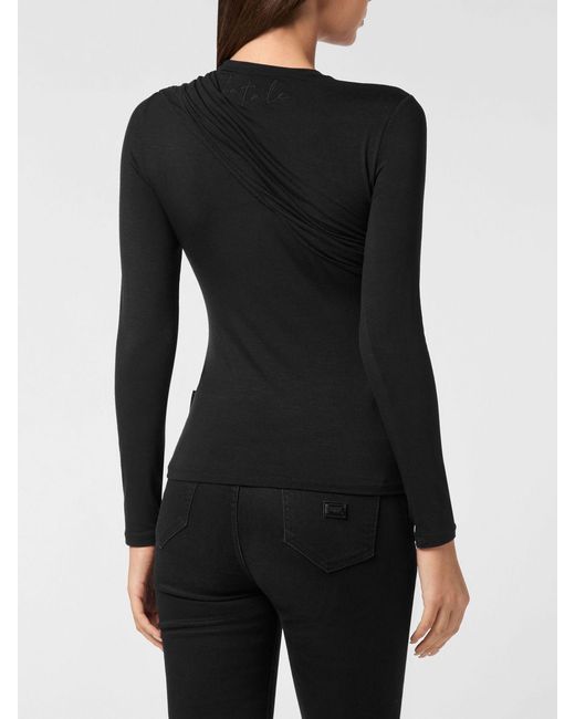 Philipp Plein Black Draped Long-Sleeved Modal Top With Ruched Shoulders