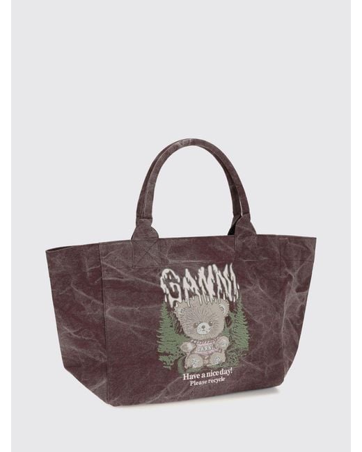 Ganni Blue Large Recycled Cotton Tote Bag With Teddy Bear Print