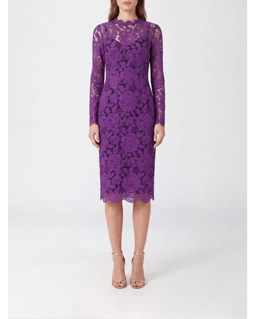 Dolce & Gabbana Purple Dolce &Amp Gabbana Long-Sleeved Lace Midi Sheath Dress