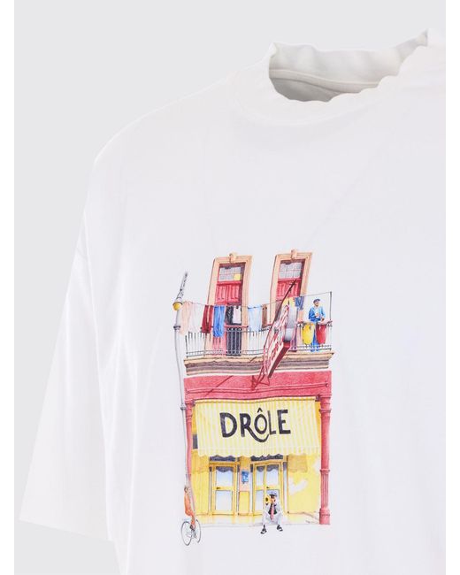 Drole de Monsieur White Printed Cotton Crew Neck T-Shirt for men