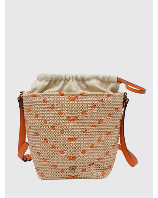 Pinko Brown Crochet Raffia Bucket Bag