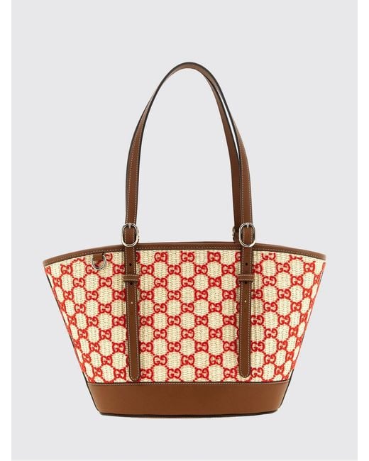 Gucci Pink Raffia Shoulder Bag With Embroidered Gg Monogram And Double Handles