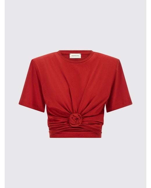 Magda Butrym Red Cropped Top With Flower Appliqué And Padded Shoulders