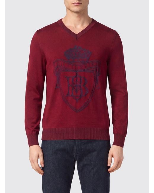 Billionaire Red Wool And Silk V-Neck Jumper With A Jacquard Crest Logo for men