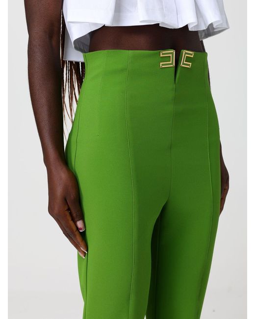 Elisabetta Franchi Green Double Stretch Crepe Trousers With Logo