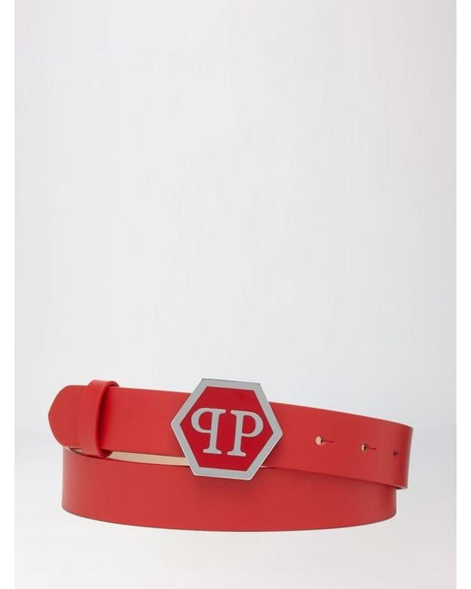 Philipp Plein Red Smooth Leather Belt With Hexagon Monogram Buckle