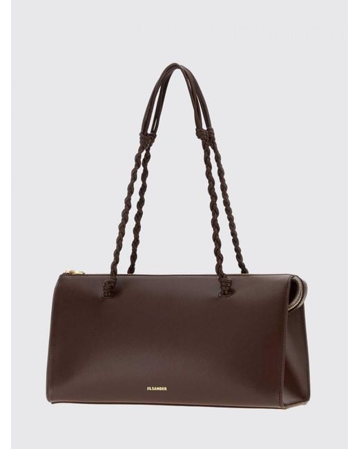 Jil Sander Brown Large Tangle Calfskin Leather Shoulder Bag With Braided Handle