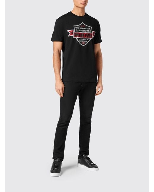 Philipp Plein Black Embroidered Rhinestone Logo Cotton T-Shirt for men
