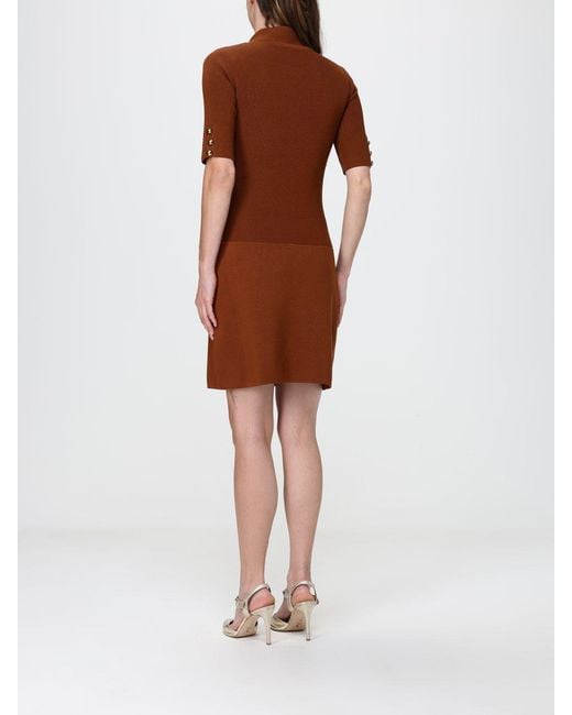 Elisabetta Franchi Brown Knit Mini Dress With Pussy-Bow Collar And Pockets