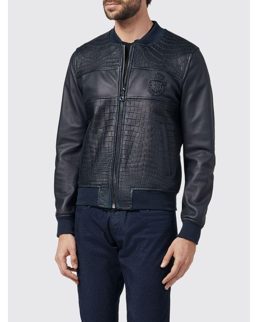 Billionaire Blue Nappa And Crocodile Leather Bomber Jacket With Crest for men
