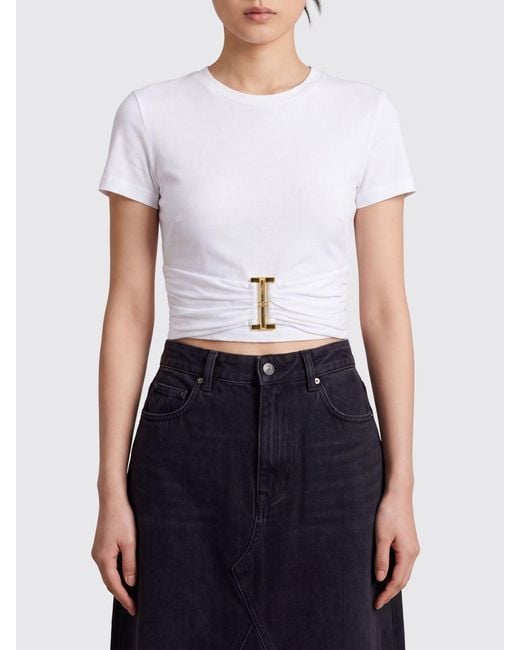 Elisabetta Franchi White Cropped Cotton T-Shirt With Metal Logo Plaque