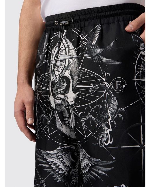 Philipp Plein Black Silk Jogging Shorts With Graphic Print And Drawstring for men