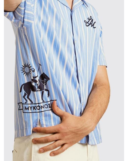 La Martina Blue Striped Relaxed Fit Cotton Bowling Shirt for men