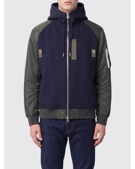 Sacai Blue Bicolour Cotton And Nylon Zip-Up Hoodie With Patch Pocket for men