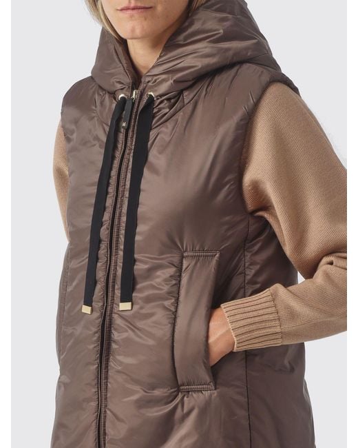 Max Mara Brown Padded Technical Fabric Vest With Hood And High Neck