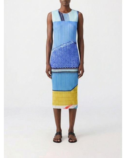 Pleats Please Issey Miyake Blue Printed Polyester Dress