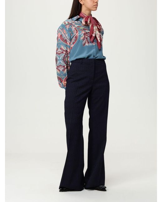 Etro Blue Silk Shirt With Placed Paisley Foliage Print