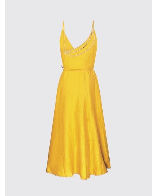 Farm Rio Yellow Midi Linen Wrap Dress With Asymmetrical Hem And Thin Straps