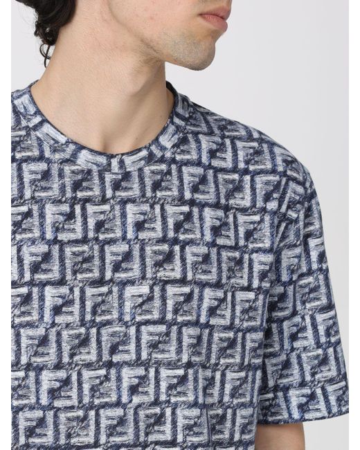 T-shirt in cotone con motivo monogram FF di Fendi in Blue da Uomo