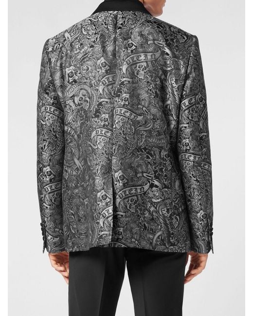 Philipp Plein Gray Tattoo-Print Single Breasted Blazer for men