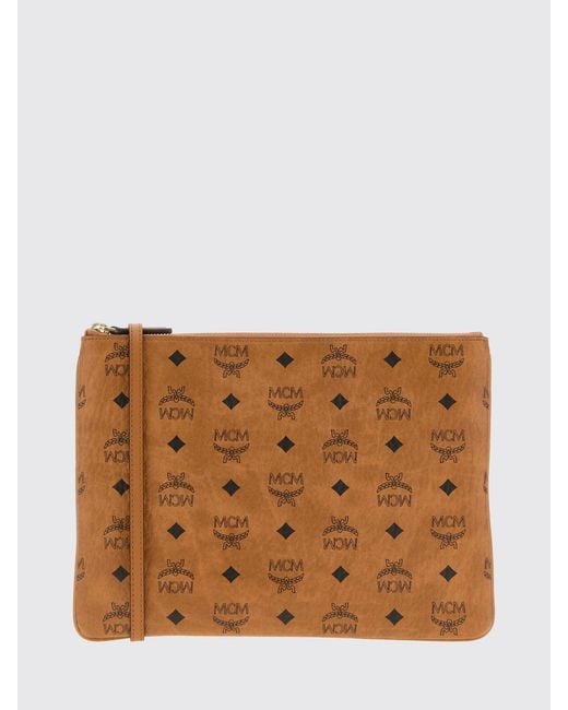 MCM Brown Aren Calfskin Leather Pouch With Embossed Logo And Detachable Strap