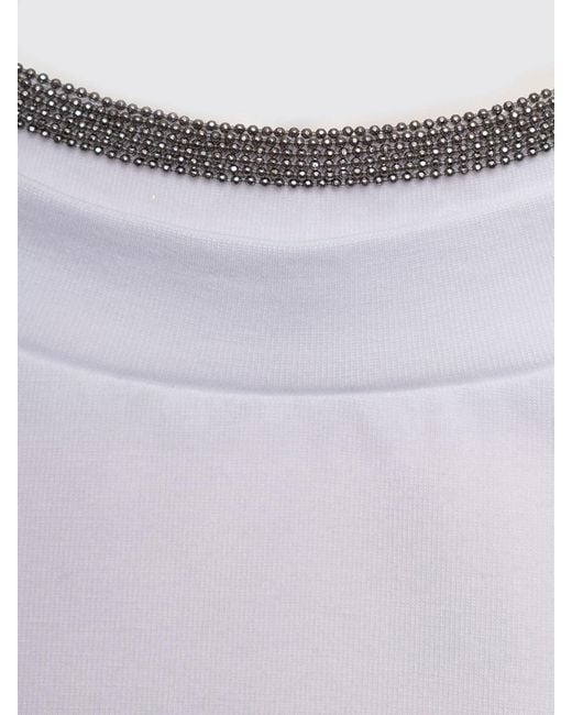 Brunello Cucinelli White Short-Sleeved Cotton T-Shirt With Monili Embroidery