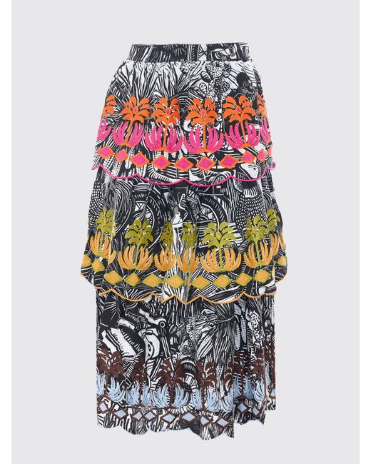 Farm Rio Multicolor High-Waist Tropical Print Embroidered Cotton Midi Skirt
