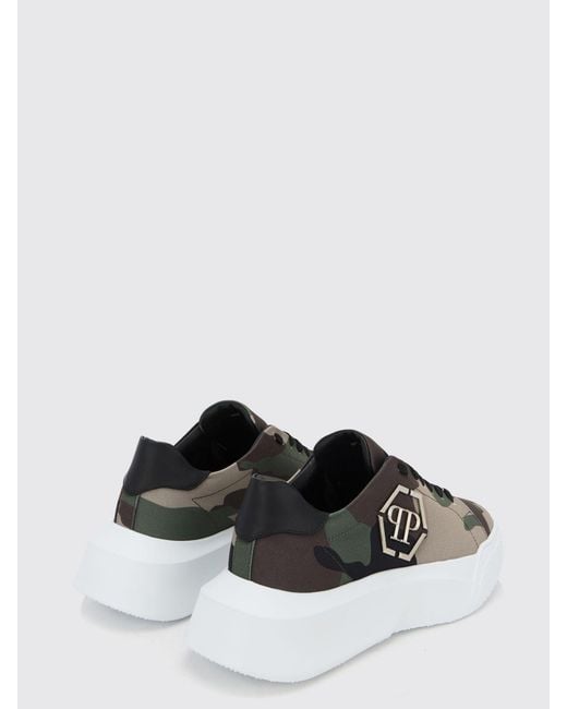 Philipp Plein White Camouflage Cotton Low-Top Sneakers With Chunky Sole And Hexagon Logo for men