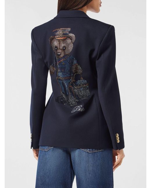 Philipp Plein Blue Marine Double-Breasted Wool Blend Blazer With Teddy Bear Print And Rhinestones