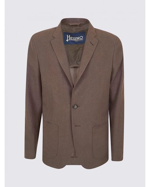 Herno Brown Elegant Single-Breasted Linen Blazer With Notch Lapels And Patch Pockets for men