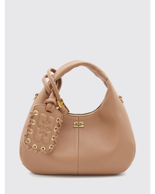 Ganni Natural Recycled Leather Mini Handbag With Butterfly Logo And Removable Strap