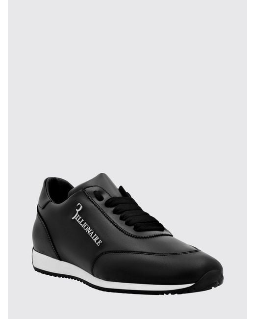 Billionaire Black Smooth Leather Low-Top Sneakers With Metallic Logo And Padded Ankle for men
