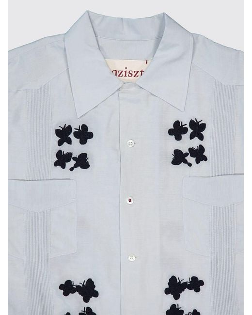 BAZISZT Gray Long-Sleeve Cotton Shirt With Butterfly Embroidery for men