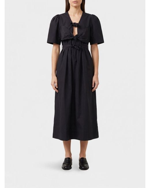 Ganni Black Stretch Cotton Midi Shirt Dress With Puff Sleeves And V-Neck