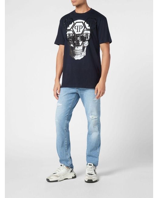 Philipp Plein Blue Cotton T-Shirt With Skull Print And Rhinestone Hexagon Logo for men