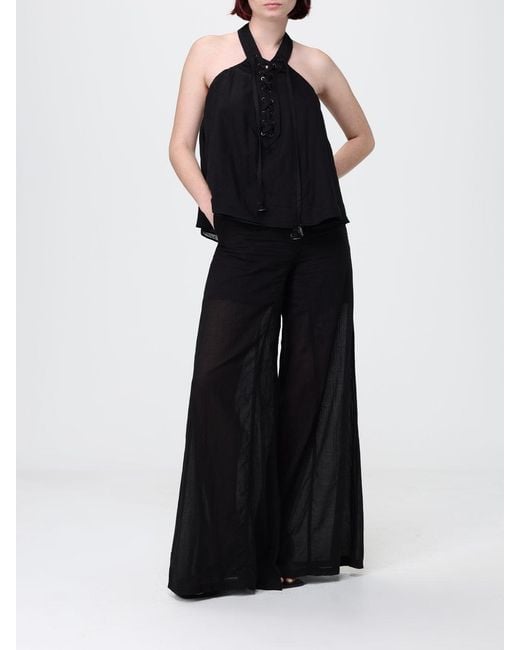 Pinko Black High-Waisted Wide-Leg Cotton Palazzo Pants With Drawstring