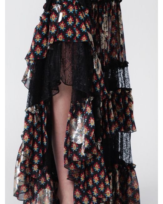 Etro Multicolor Floral Jacquard Asymmetric Long Silk Skirt With Lace Inserts