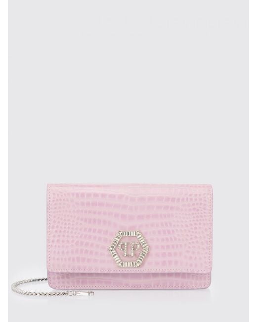 Philipp Plein Pink Crocodile Print Leather Clutch