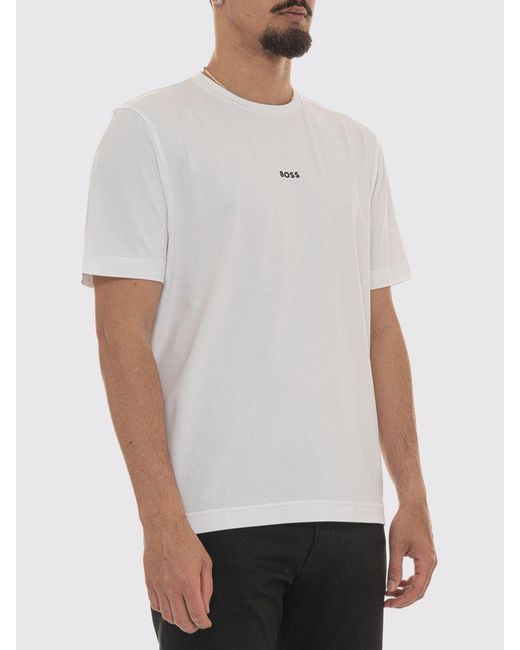 Boss White Crew Neck Stretch-Cotton T-Shirt With Contrast Chest Logo for men