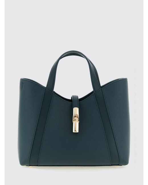 Furla Blue Goccia Small Grained Leather Tote Bag By With Snap Closure