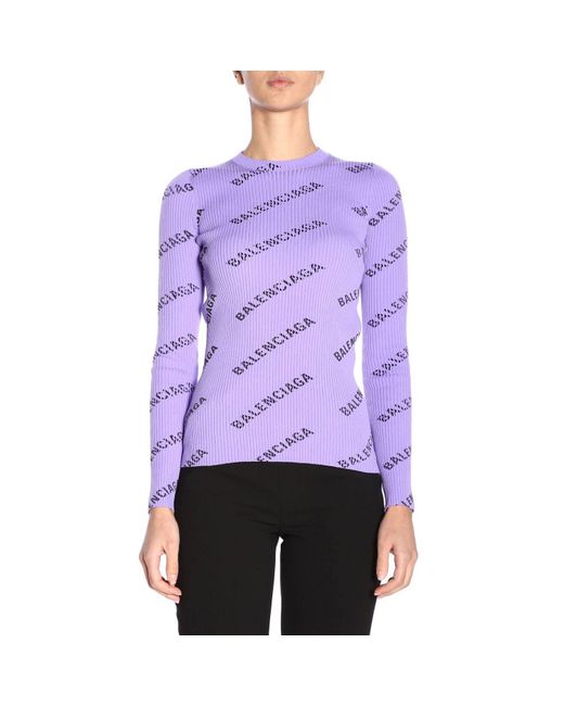 Balenciaga Purple Allover Logo Ribbed-knit Sweater