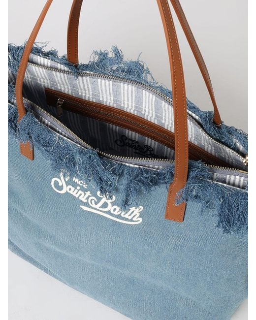 Mc2 Saint Barth Blue Cotton Blend Shoulder Bag With Logo