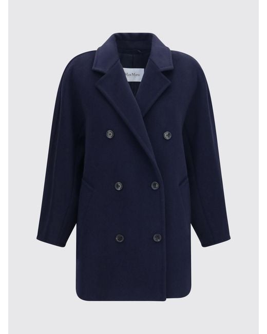 Max Mara Blue Double-Breasted Wool Caban Coat With Relaxed Fit And Lapel Collar