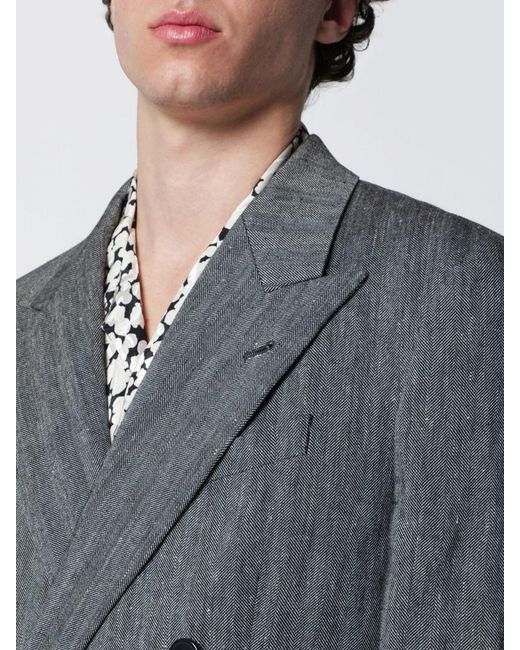 Dries Van Noten Gray Cotton And Lurex Linen Double-Breasted Blazer for men
