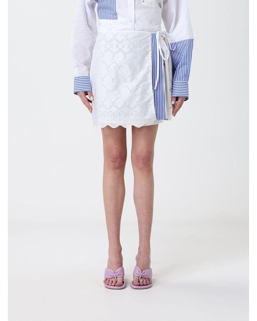 MSGM White Sangallo Cotton Poplin Sarong Mini Skirt With Floral Print
