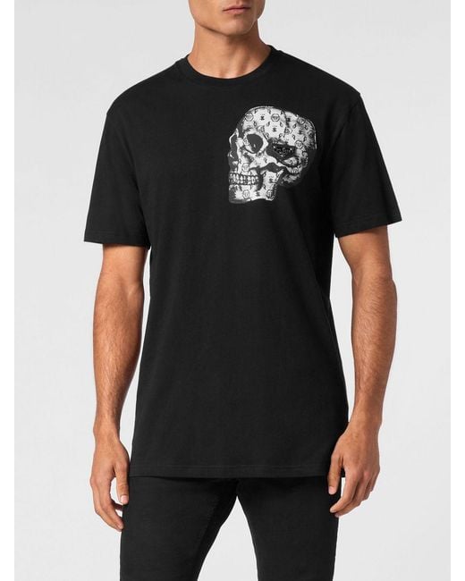 Philipp Plein Black Cotton T-Shirt With Skull Print And Hexagon Logo for men