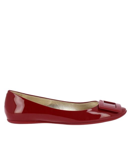 Roger Vivier Red Gommette Ballet Flats With Rv Buckle In Patent Leather